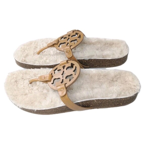 Tory Burch Miller Cloud Shearling Sandals Women's Size 10 Caramel Buttermilk - Picture 3 of 10